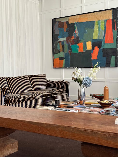 Stylish living room with colorful abstract painting, striped sofa, and wooden accents