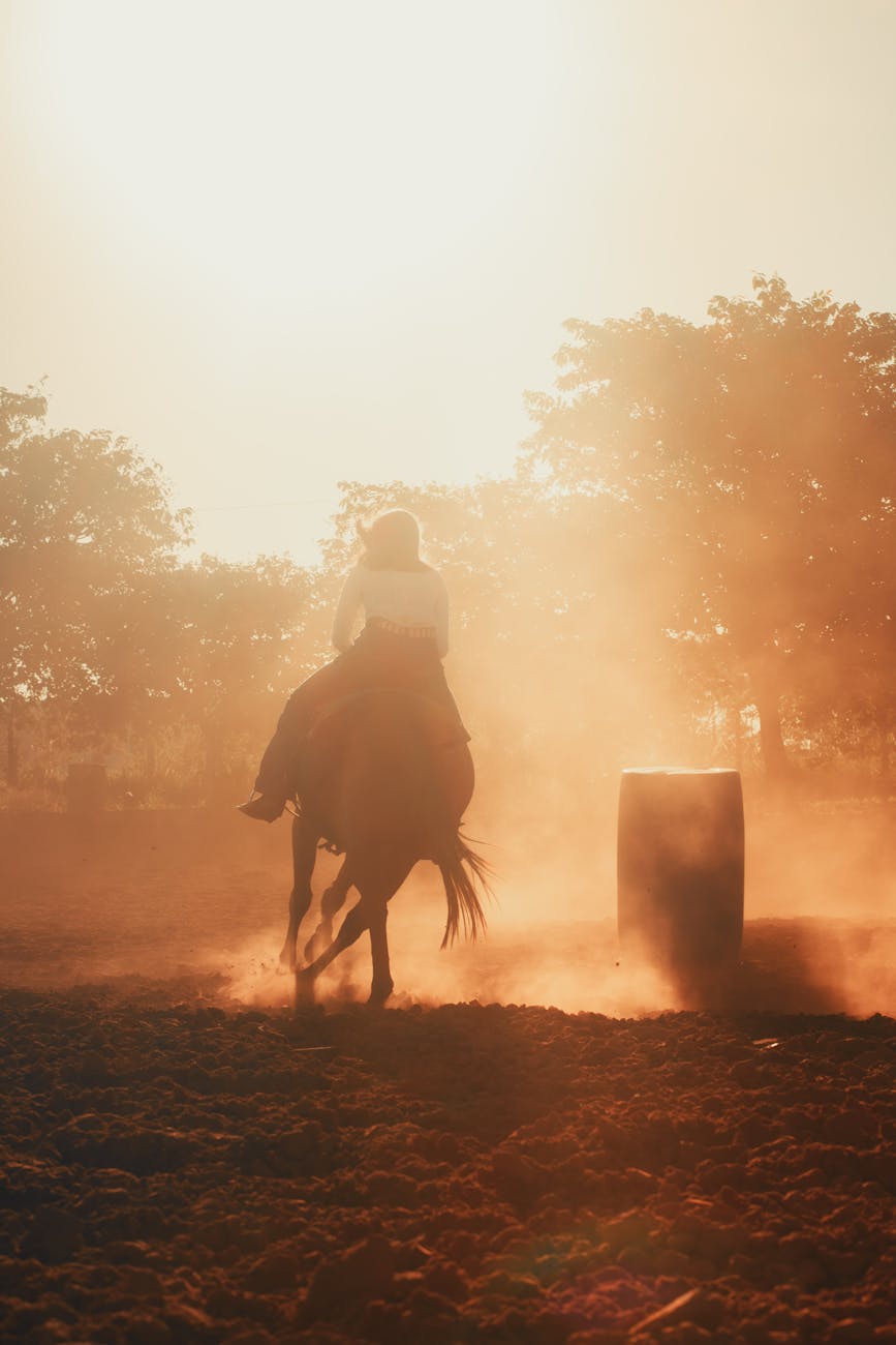 a cow running away from a girl riding a horse on red dirt with dust