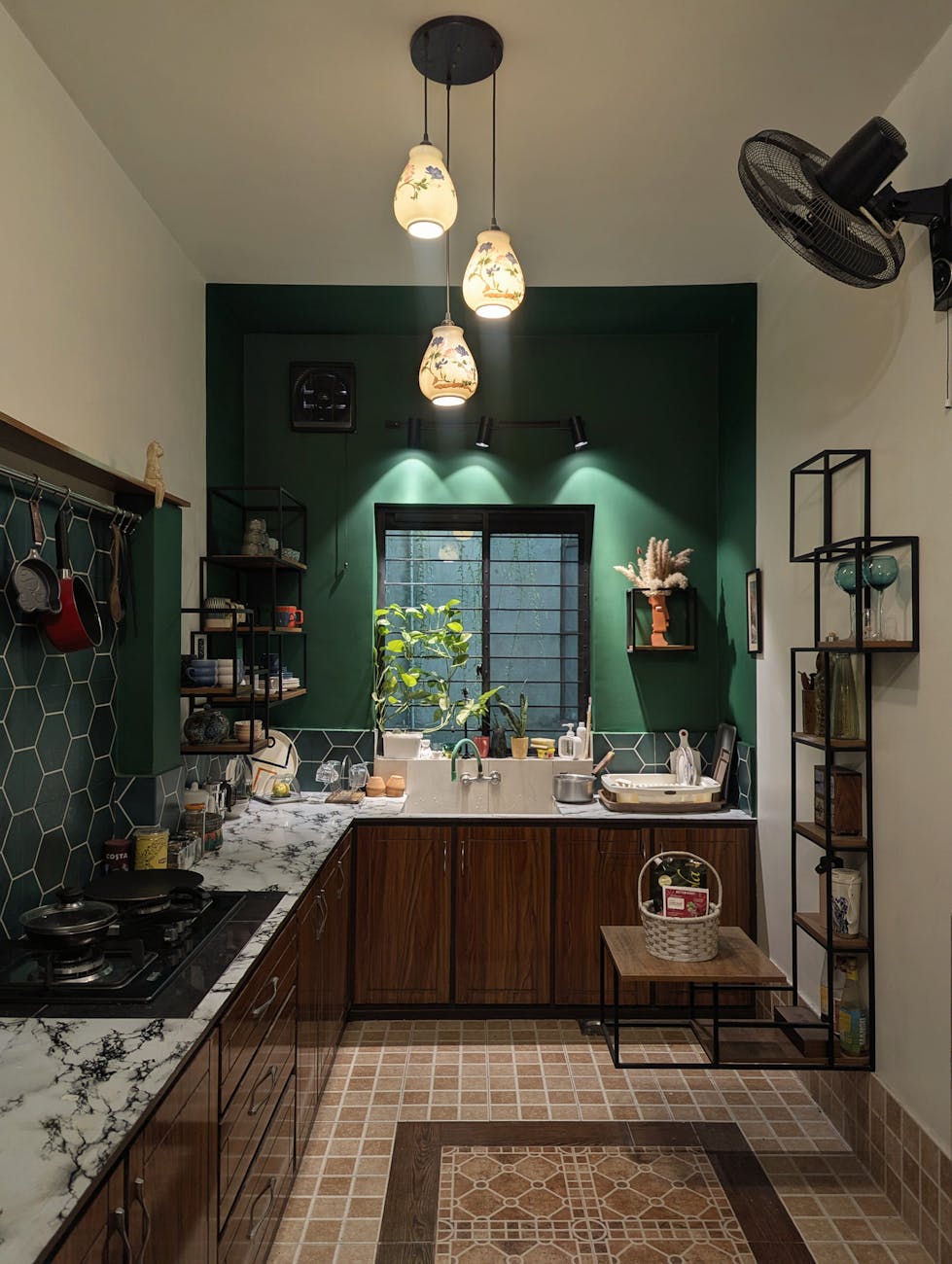 Warm pendant lighting in a compact home