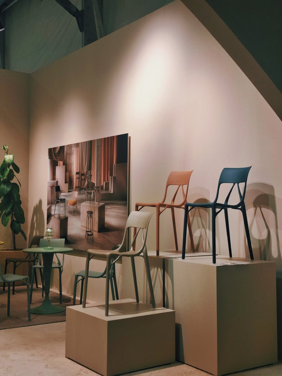 Contemporary gallery with diverse sculptural chairs at Melbourne Design Week's 100 Chairs exhibition