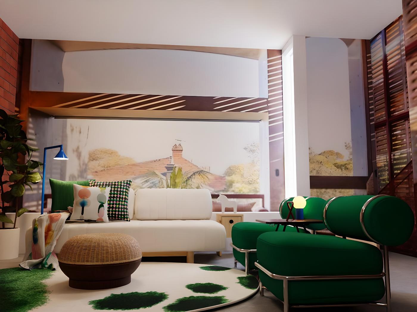 IKEA PS chairs, sofa, coffee table and lamps inside the Sydney staycation home